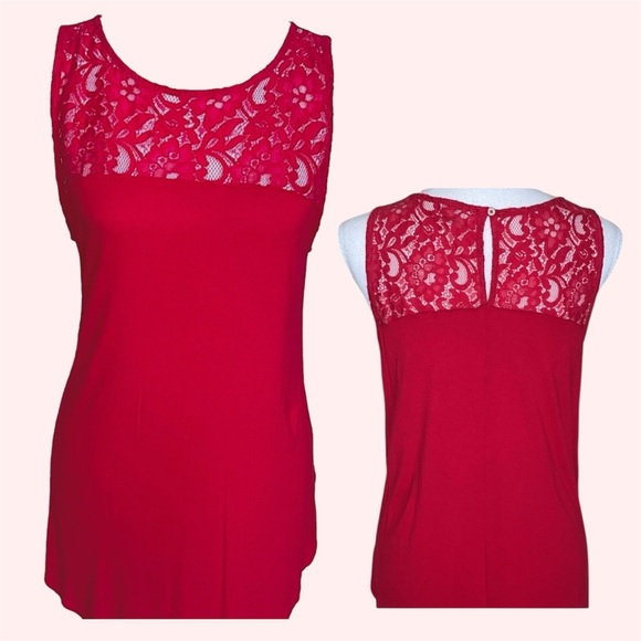 Old Navy Lace Yoke Swing Tank Cherry Red Sleeveless Keyhole Button Closure Sz L - Picture 12 of 14